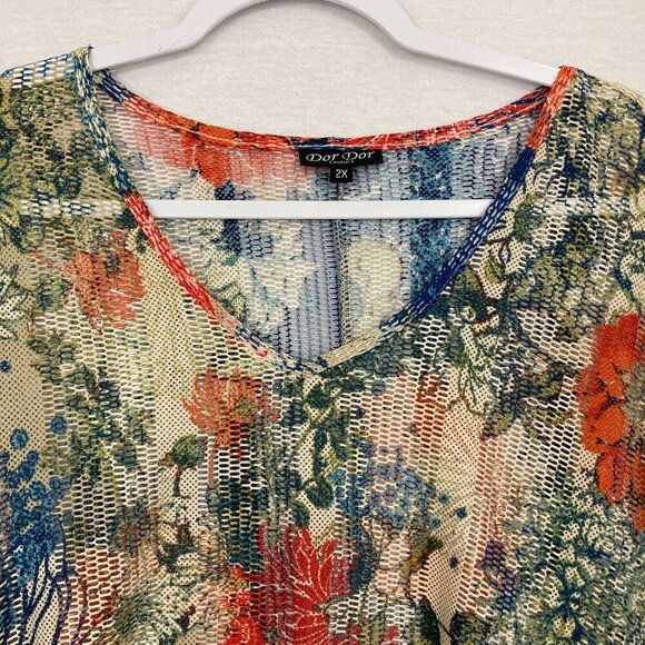 Dor Dor Couture Colorful Floral Artsy Flare Sleeve Open Knit Whimsical Tunic 2X - Picture 3 of 11